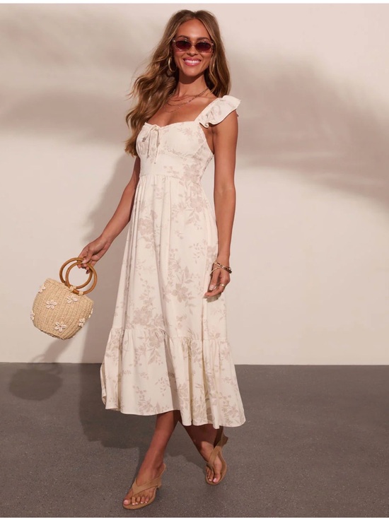 Vici Dresses & Skirts - Vici Cream Floral Ruffle-Shoulder Maxi Dress